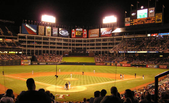 Hi atop the field, the scoreboard in Arlington